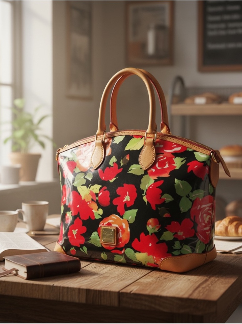 Dooney & Bourke Garden Rose Black Floral Polyvinyl Satchel with Tan Trim
